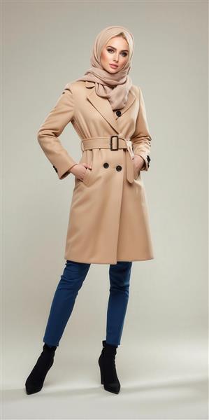 تصویر مدل زن با پالتوی بلند کمربندی و حجاب شیک برای چاپ