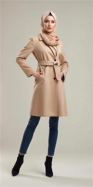 طرح مدل زن با پالتوی شتری و شال برای پوستر مجلات مد ایرانی