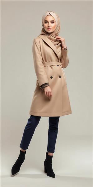 تصویر مدل زن با پالتوی بلند و شال بژ برای تبلیغات آنلاین مد