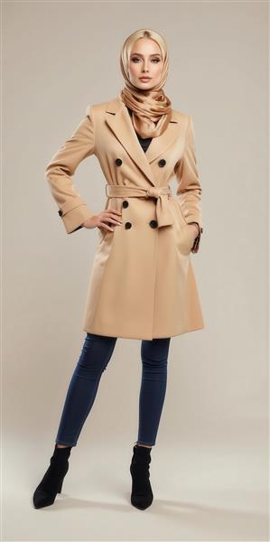 طرح مدل زن با حجاب طلایی و پالتوی شیک برای برندهای پوشاک