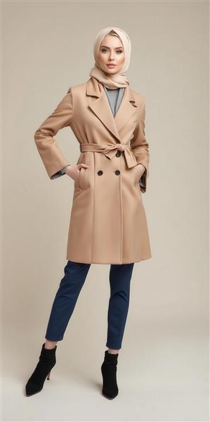عکس مدل زن با پالتوی شتری و حجاب برای فروش محصولات دکوراتیو