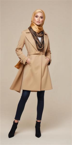 عکس مدلینگ زن با حجاب و پالتوی بلند بژ برای تبلیغات مد اسلامی
