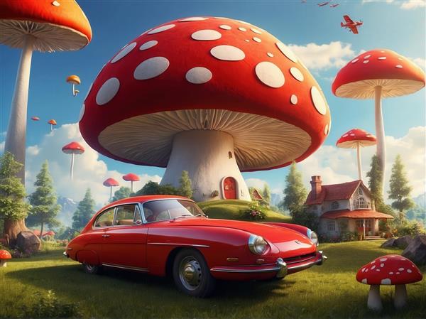 تصویر قارچ غول‌پیکر و ماشین اسپرت کلاسیک قرمز برای تابلو اتاق