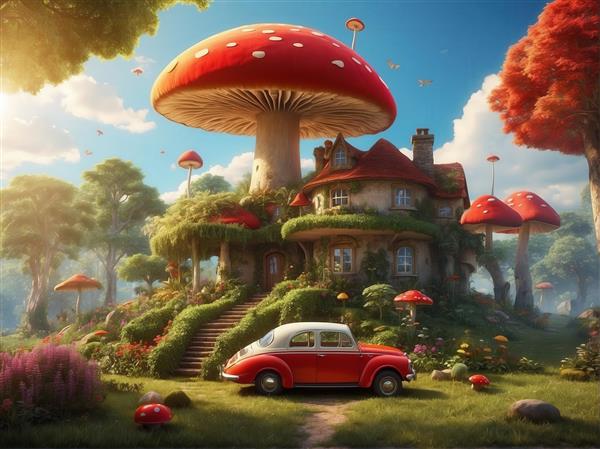 طرح خانه قارچی زیبا با ماشین کلاسیک دو رنگ برای پوستر دیواری