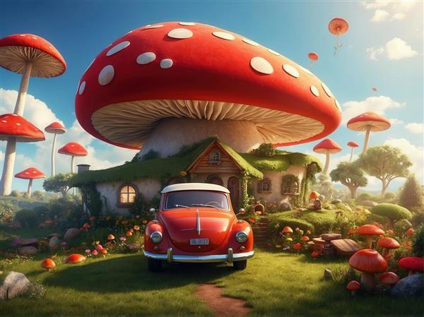 عکس خانه قارچی بزرگ و ماشین فولکس بیتل قرمز برای چاپ تابلو