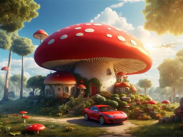 نقاشی عمارت قارچی بزرگ و ماشین اسپرت مدرن قرمز برای دکور