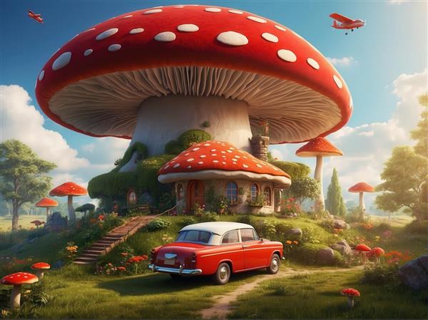 عکس نقاشی عمارت قارچی فانتزی با ماشین کوپه قدیمی برای چاپ