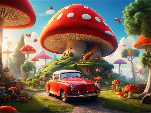 تصویر خانه قارچی فانتزی و ماشین کوپه کلاسیک قرمز برای پوستر