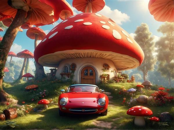 طرح نقاشی فانتزی خانه قارچی با ماشین اسپرت کلاسیک قرمز باکیفیت