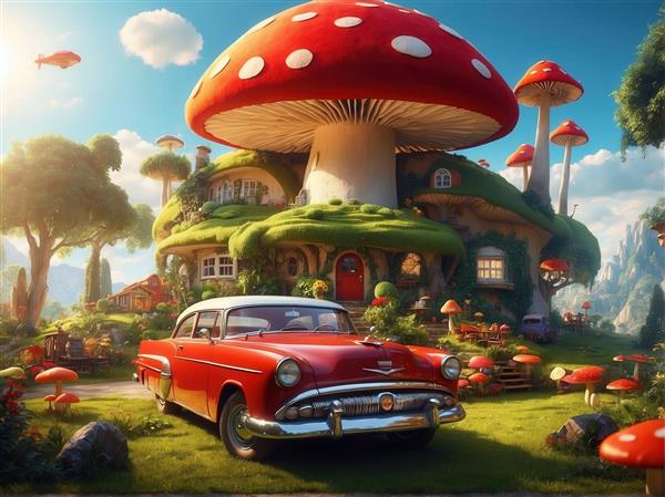 عکس عمارت قارچی بزرگ و ماشین سدان قدیمی شورلت برای تابلو