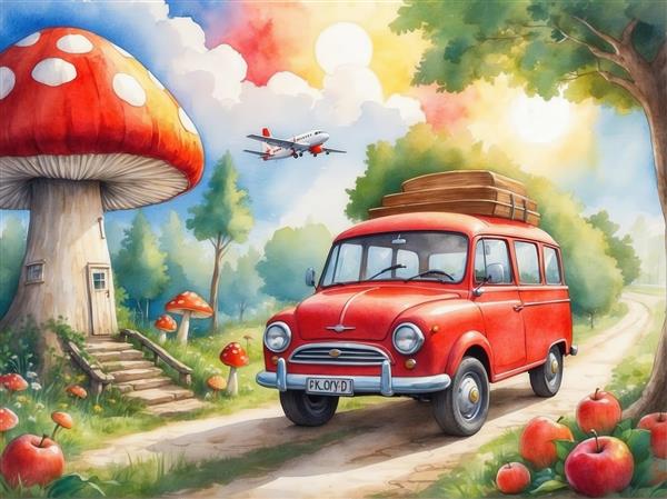 نقاشی آبرنگی ماشین استیشن قرمز با چمدان برای پوستر سفر کودک