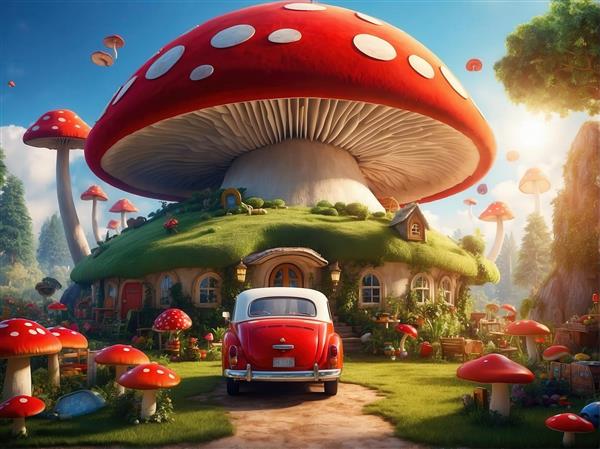 تصویر خانه قارچی فانتزی با نمای عقب ماشین کلاسیک برای چاپ