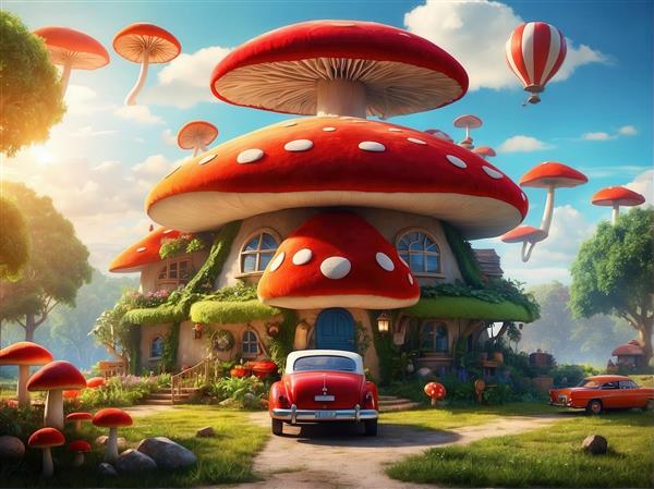 طرح عمارت قارچی با بالن هوای گرم و ماشین کلاسیک دکوراتیو