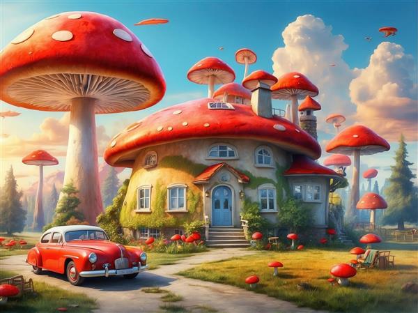 عکس کلبه قارچی و ماشین کوپه کلاسیک قرمز برای پوستر اتاق خواب