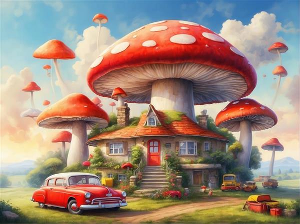 نقاشی خانه قارچی بزرگ و ماشین سدان قدیمی آمریکایی برای تابلو