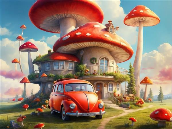 طرح عمارت قارچی فانتزی با ماشین فولکس واگن بیتل برای چاپ