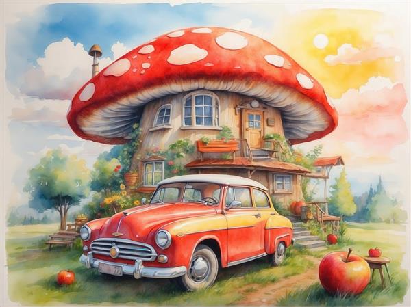 تصویر خانه قارچی آبرنگی با ماشین دو رنگ و سیب برای پوستر دیواری