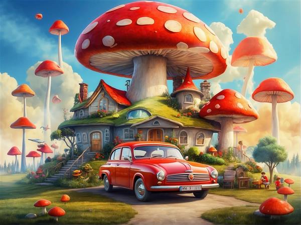 عکس نقاشی عمارت قارچی فانتزی با ماشین سدان کلاسیک برای پرده اتاق