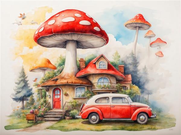طرح آبرنگی کلبه قارچی و ماشین قدیمی دو رنگ برای تابلو دکوراتیو
