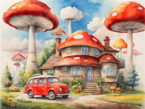 نقاشی آبرنگ خانه قارچی با ماشین کلاسیک قرمز مناسب چاپ روتختی