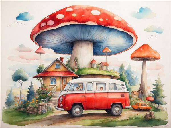 طرح آبرنگی ون فولکس قرمز و خانه قارچی برای پوستر کودک