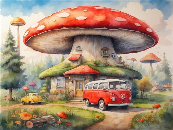 عکس خانه قارچی و ون فولکس واگن قرمز آبرنگی برای چاپ روی کوسن