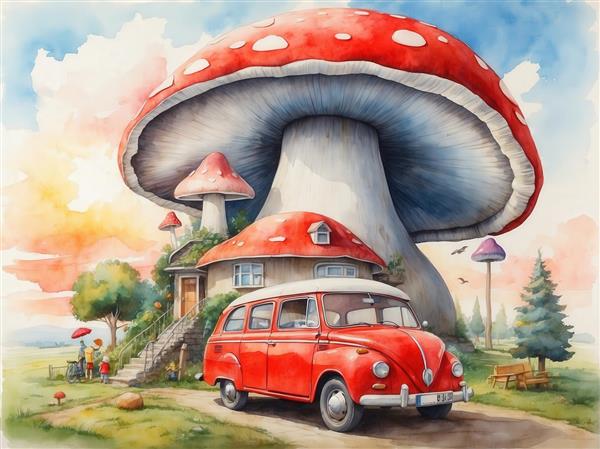 تصویر خانه قارچی فانتزی با ون قرمز فولکس واگن آبرنگی برای تابلو