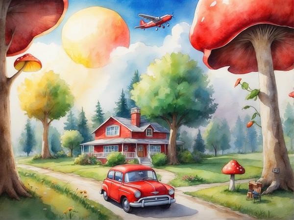 طرح خانه جنگلی کارتونی با ماشین قرمز در سبک آبرنگی برای پوستر