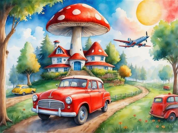 عکس کلبه قارچی با هواپیما و ماشین قدیمی آبرنگی برای پرده اتاق کودک