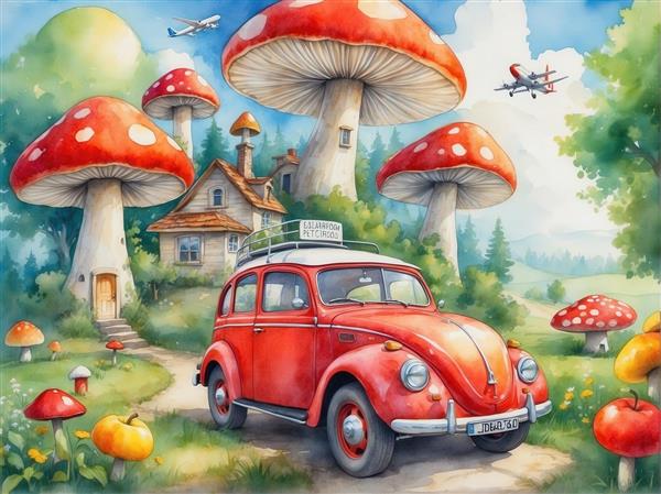 تصویر خانه قارچی کارتونی با ماشین کلاسیک برای چاپ روی روتختی کودک