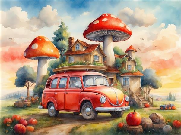 طرح خانه قارچی فانتزی با ون قرمز آبرنگی برای پوستر اتاق کودک