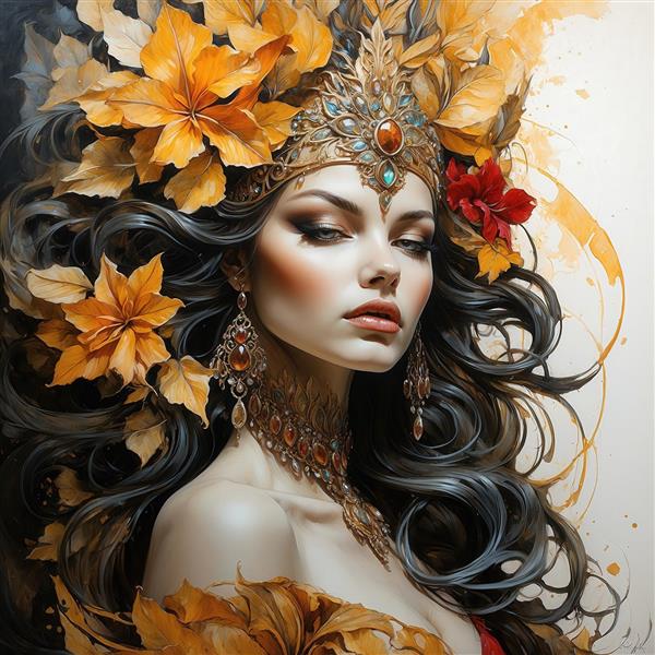 عکس ملکه اسطوره‌ای فانتزی با تاج گل پاییزی برای تابلو دکوراتیو