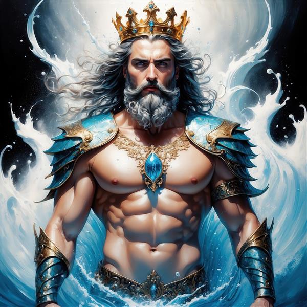 تصویر خدای دریا برهنه با زره آبی و طلایی برای پوستر دیواری باکیفیت