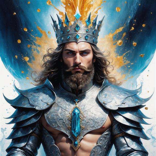 عکس پادشاه فانتزی با زره نقره‌ای در میان آب برای تابلو دکوراتیو نشیمن