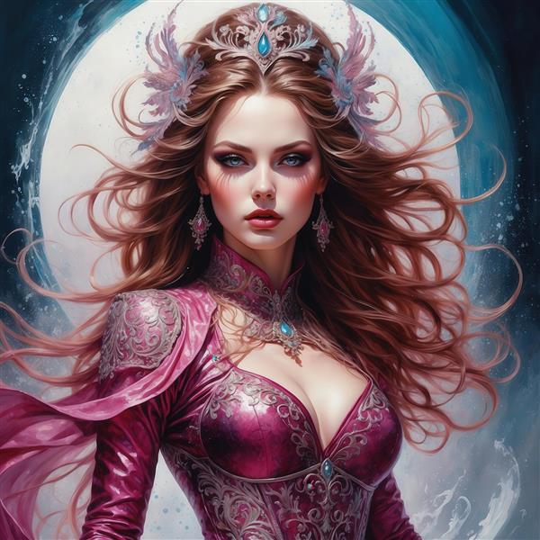 عکس ملکه فانتزی با لباس صورتی در پس زمینه ماه برای تابلو دکوراتیو