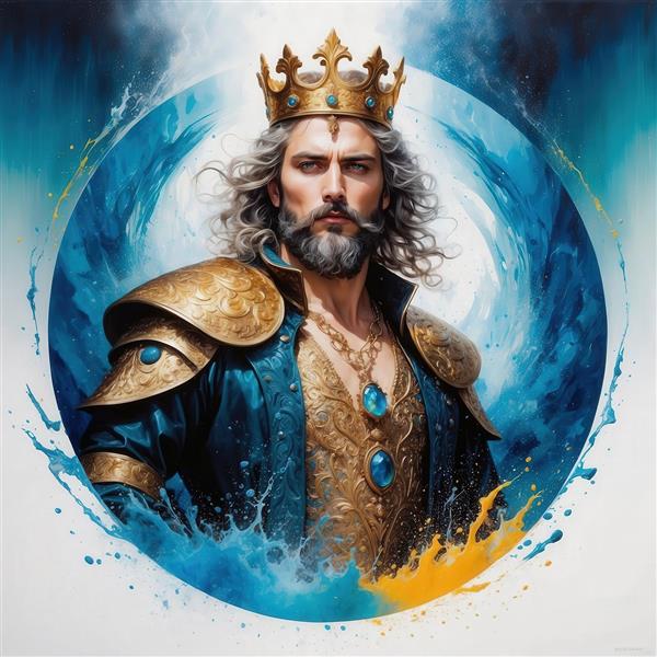 تصویر پادشاه اسطوره‌ای با زره طلایی و آبی برای پوستر دیواری باکیفیت