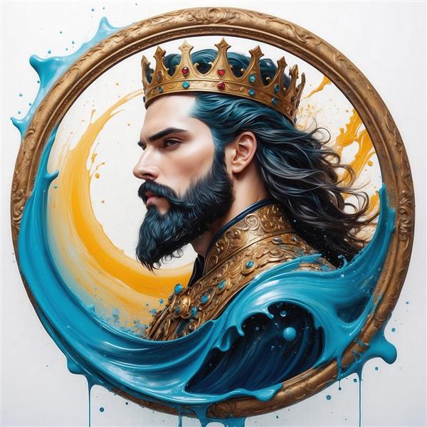 طرح پادشاه فانتزی با مو و ریش تیره در قاب طلایی برای چاپ عریض