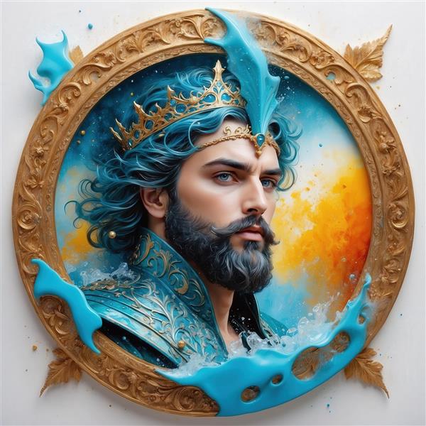 عکس پادشاه دریا در قاب گرد طلایی با پس زمینه نارنجی برای تابلو