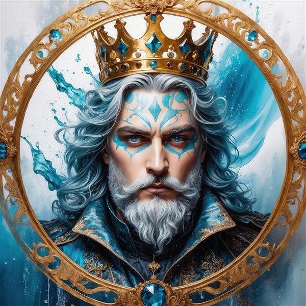 طرح پادشاه دریا فانتزی با موی آبی در قاب طلایی برای چاپ ماگ