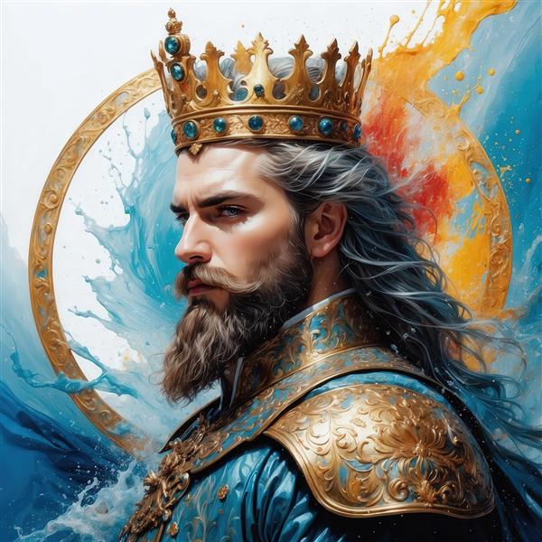 عکس شاه فانتزی با زره طلایی و موی بلند برای تابلو دکوراتیو بزرگ