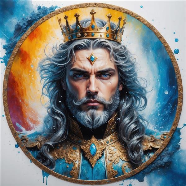 تصویر پرتره پادشاه فانتزی در قاب طلایی و پس زمینه آبرنگی باکیفیت