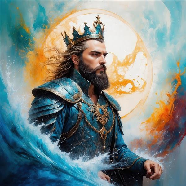 عکس جنگجوی دریا فانتزی با زره آبی و طلایی برای تابلو دکوراتیو