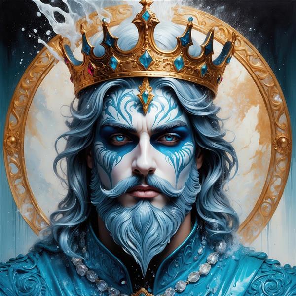 عکس پادشاه دریا با ریش آبی و تاج در قاب طلایی برای تابلو دکوراتیو