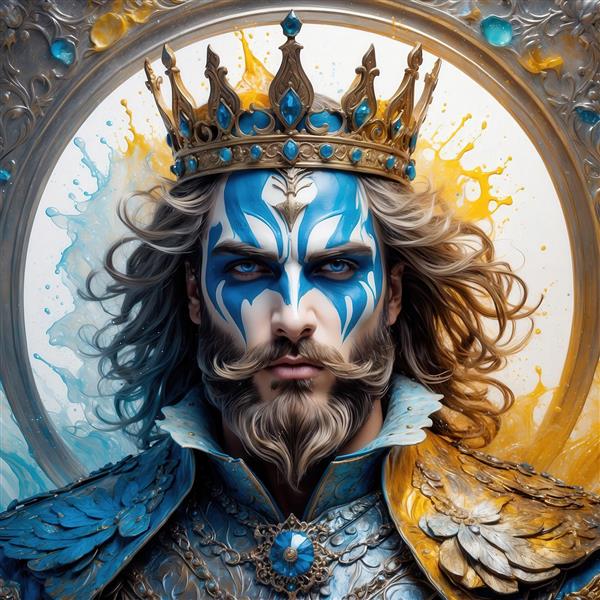 تصویر پادشاه فانتزی با تاج طلایی و طرح آبی روی صورت برای چاپ عریض