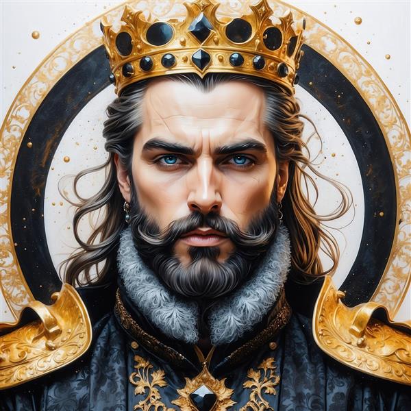 طرح شاه ریش سفید با چشمان آبی و تاج مشکی برای تابلو دکوراتیو