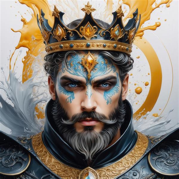 عکس پادشاه ریش‌دار با تاج طلایی و گریم آبی برای پوستر دیواری