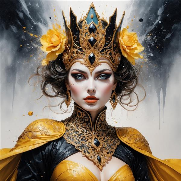 تصویر ملکه با موی تیره، تاج گل و لباس طلایی برای پرده اتاق نشیمن