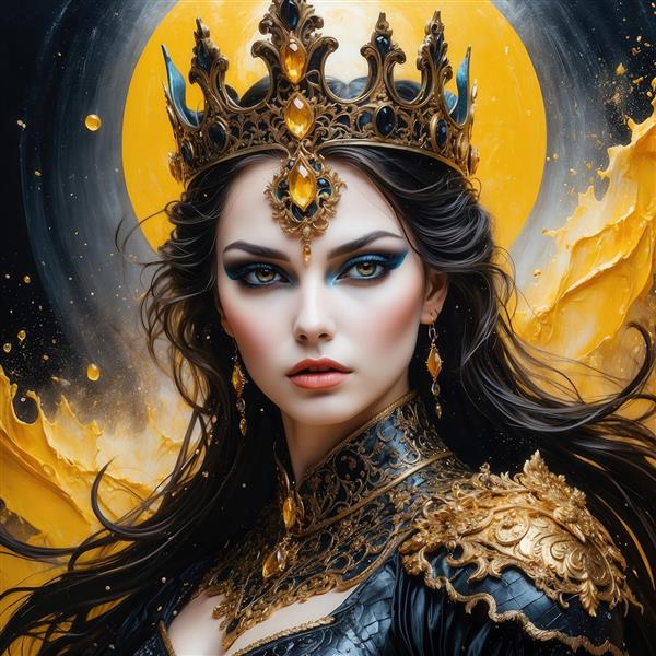 عکس ملکه مو مشکی با تاج طلایی و تم زرد برای تابلو دکوراتیو