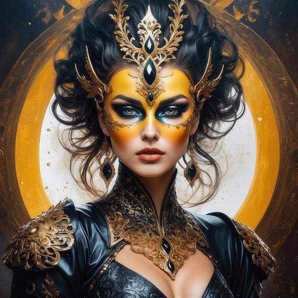 طرح زن بالماسکه سلطنتی با تم زرد و مشکی برای پوستر دیواری