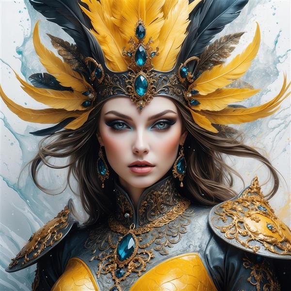 تصویر زن با تاج پردار زرد و آبی برای چاپ روی روتختی مدرن